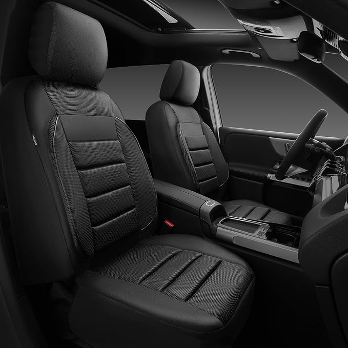 CAR PASS 3D Foam Leather Car Seat Covers Two Front Seats only, Air Cool Mesh Thick Seat Covers, All Weather Car Seat Cover Comfort & Protection for Truck,SUV,Sedan,Van, Airbag Compatible (Black)
