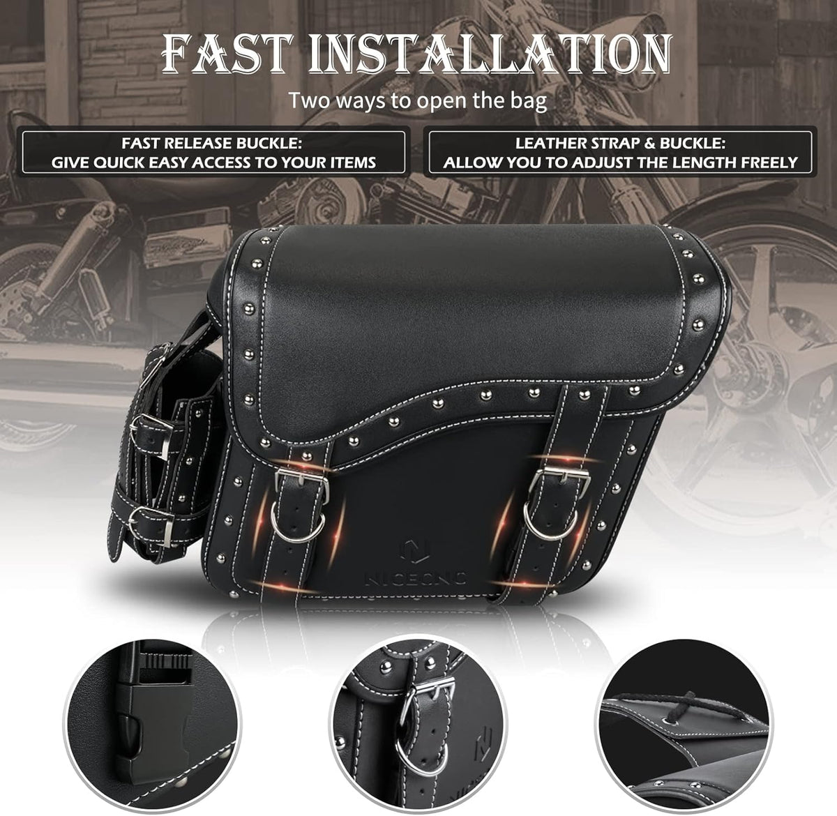 NICECNC Motorcycle Saddle Bags, PU leather Motorcycle Saddlebags, Reinforced Straps & Saddle Piece, with Cup Holder, Throw Over Saddle Bags Side Bags Universal Motorcycle Accessories bags, BlACK