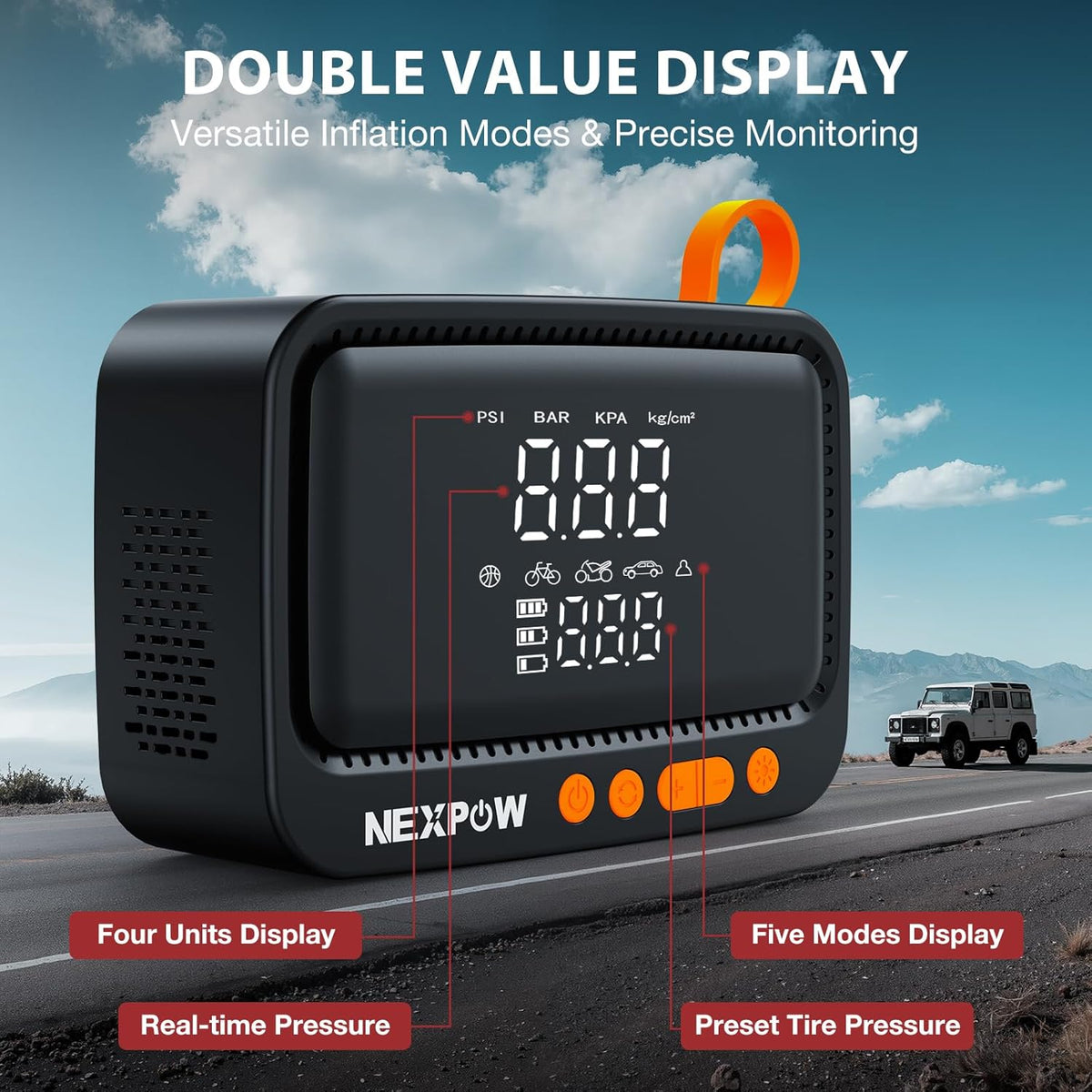 NEXPOW Tire Inflator Portable Air Compressor, 150 PSI Cordless Air Pump for Car Tires with Digital Pressure Gauge & Auto Shut-Off, Air Compressor Portable for Car, Motorcycle, Bicycle, Balls, Orange