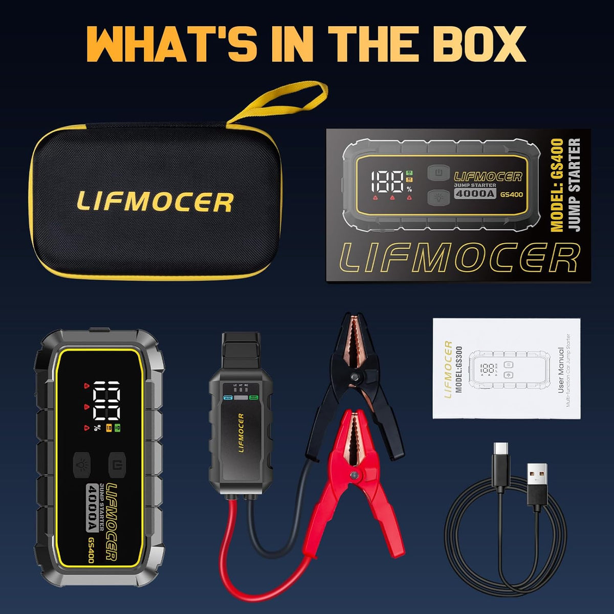 GS400 Jump Starter - 4000A Car Battery Jump Starter for Up to 12.0L Gas and 10.0L Diesel Engines, 12V Portable Jump Box with Storage Case USB Quick Charge, and LCD Display