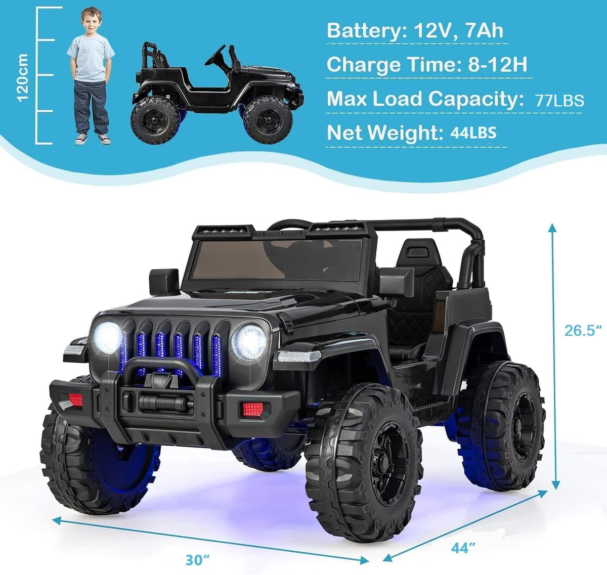 INFANS Kids Ride on Car Truck with 2.4G Remote Control, 12V Battery Powered Electric Cars for Kids w/3 Speeds, Battery Display, LED Lights, Safety Belt, Music & Horn, Bluetooth/FM/USB (Jet Black)
