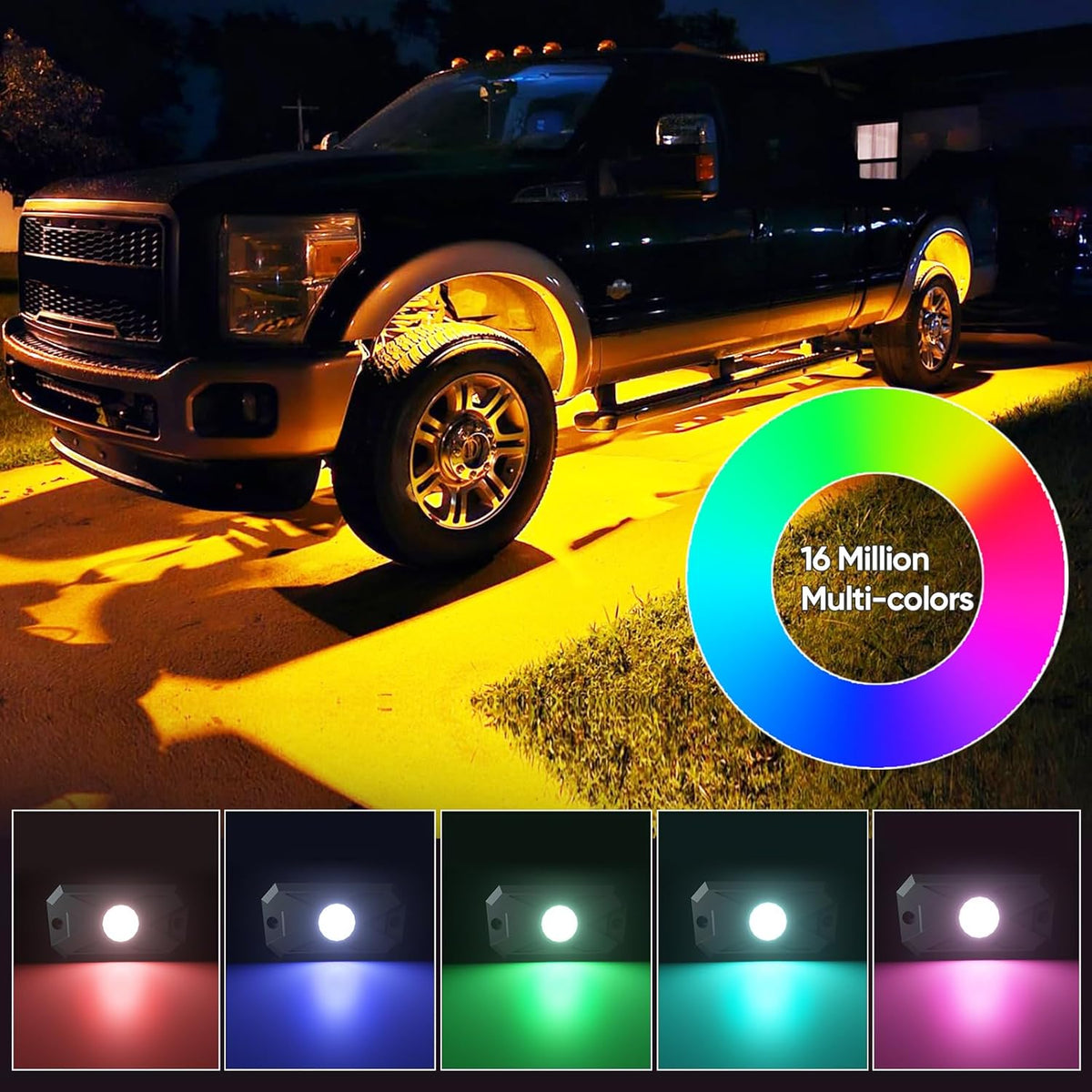 YiLaie RGB LED Rock Lights Kit 8Pods with APP/RF Remote Control, Upgraded Underglow Multicolor LED Light Pod with Flashing Music Mode, Rock Lights for Truck ATV UTV RZR SUV, IP68