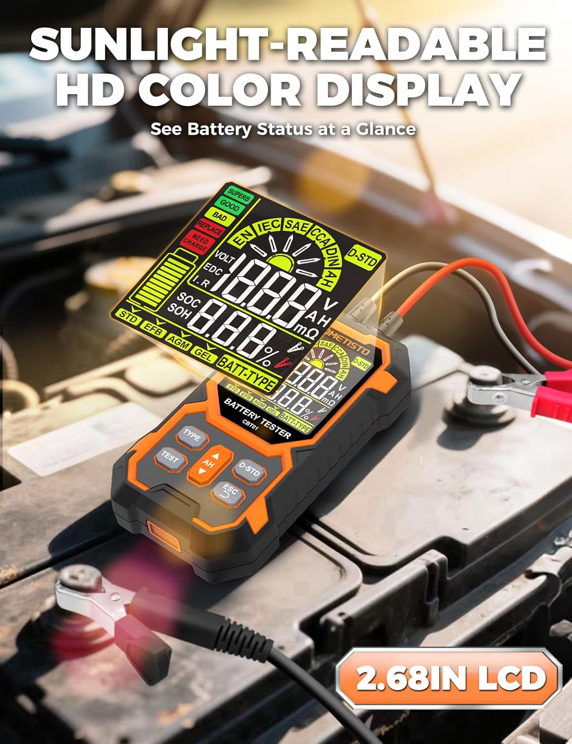 12V 24V Car Battery Tester, POROMETISTO CBT01 Automotive Battery Checker, Auto Battery Voltage Internal Resistance Tester, Battery Analyzer Tester for Car Truck Motorcycle SUV Boat ATVs RVs
