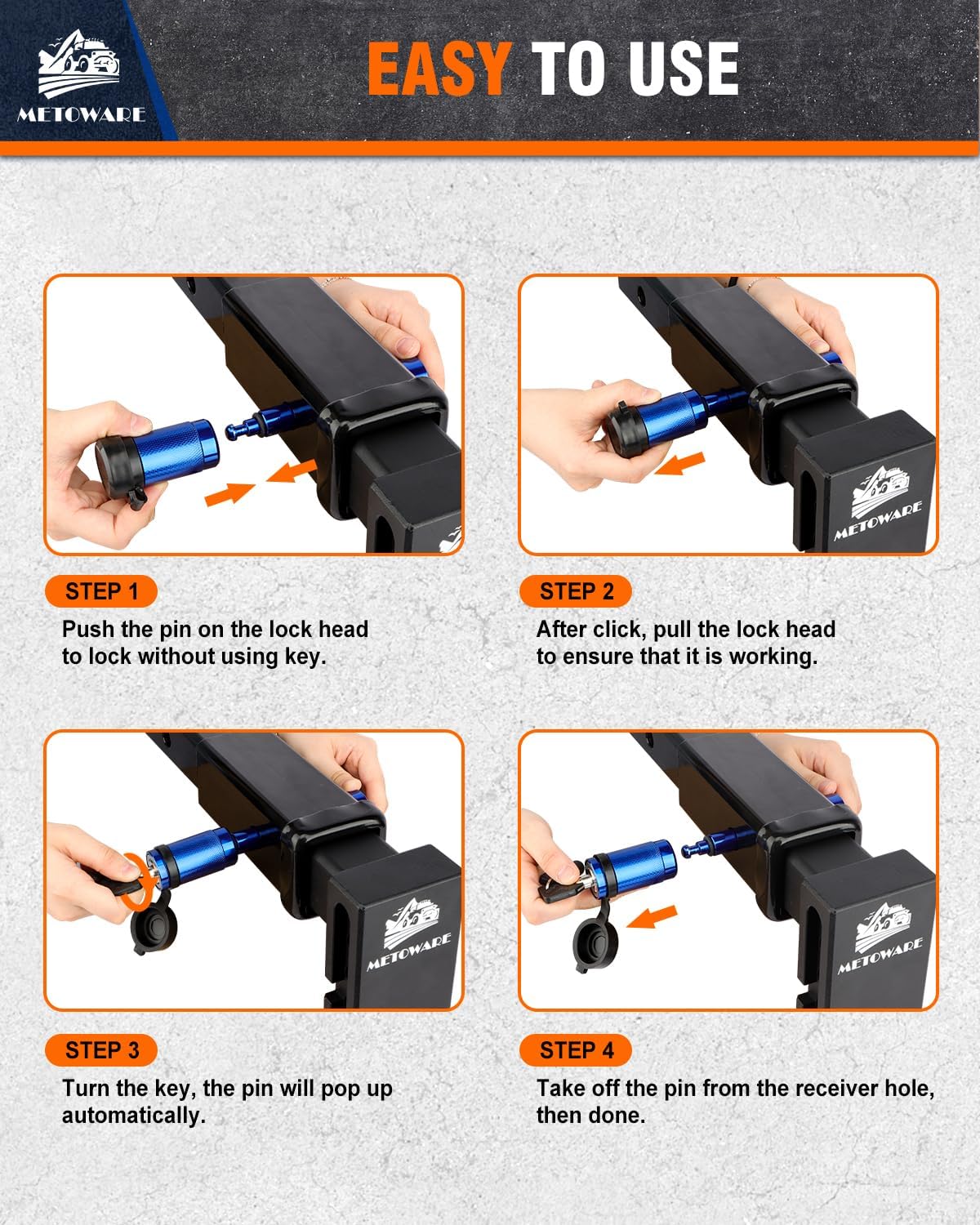 METOWARE Trailer Hitch Lock, Tailer Receiver Lock Fits Class III/IV, 2", 2-1/2" Hitch Receiver with 5/8" Dia Pin and 8 Rattle Rubber O-Rings, for Trailer, Truck, Car, Boat (Blue)