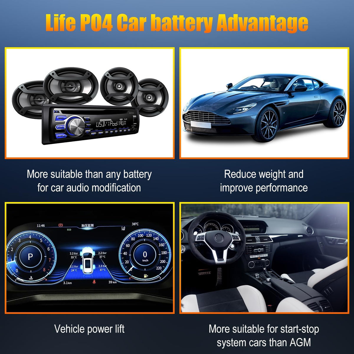 TPE Car Start Stop System BCI Group26 LiFePO4 Lithium-ion Battery 12.8V 800A Lightweight High Performance Battery Battery Level Display Left Negative Right Positive
