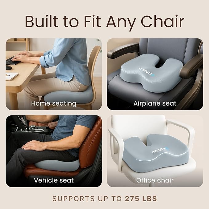 Sleepavo Office Chair Cushion - Seat Cushion for Tailbone Pain Relief - Butt Pillow for Coccyx, Sciatica, and Lower Back Pain - Orthopedic Chair Pad for Lumbar Support in Office Desk (Gray)