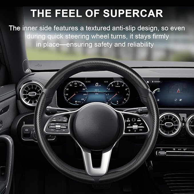Carbon Fiber Steering Wheel Cover, Universal Fit for 14-16 Inch Wheel, Non-Slip Leather Wrap with Easy Snap-On Installation, Sweatproof & Heat-Resistant for Car Truck SUV, Black