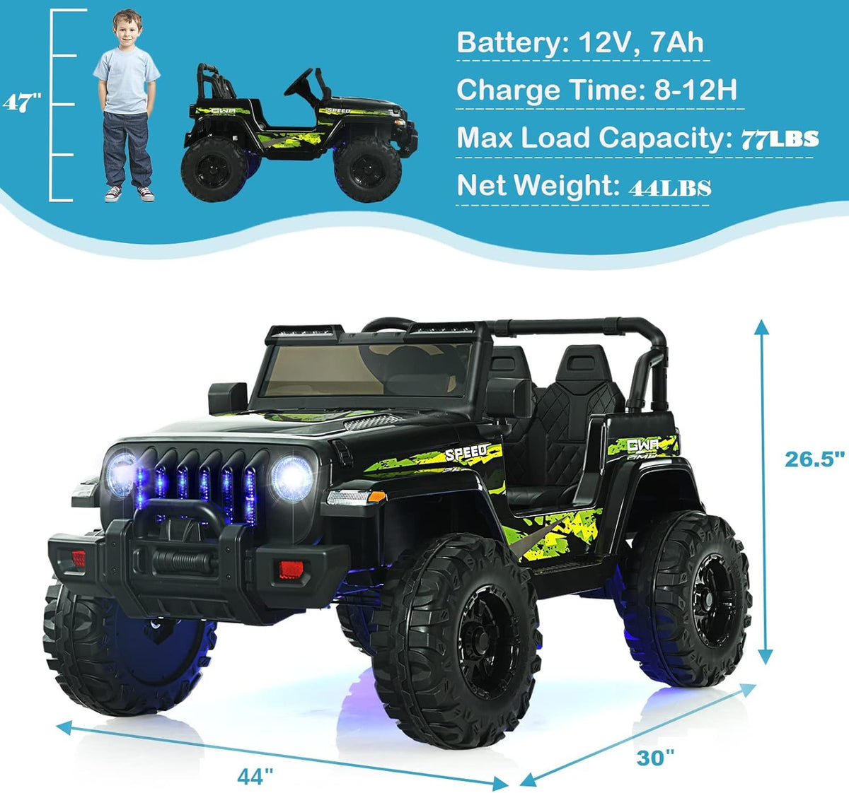 INFANS Kids Ride on Car Truck with 2.4G Remote Control, 12V Battery Powered Electric Cars for Kids w/3 Speeds, Battery Display, LED Lights, Safety Belt, Music & Horn, Bluetooth/FM/USB (Dark Black)