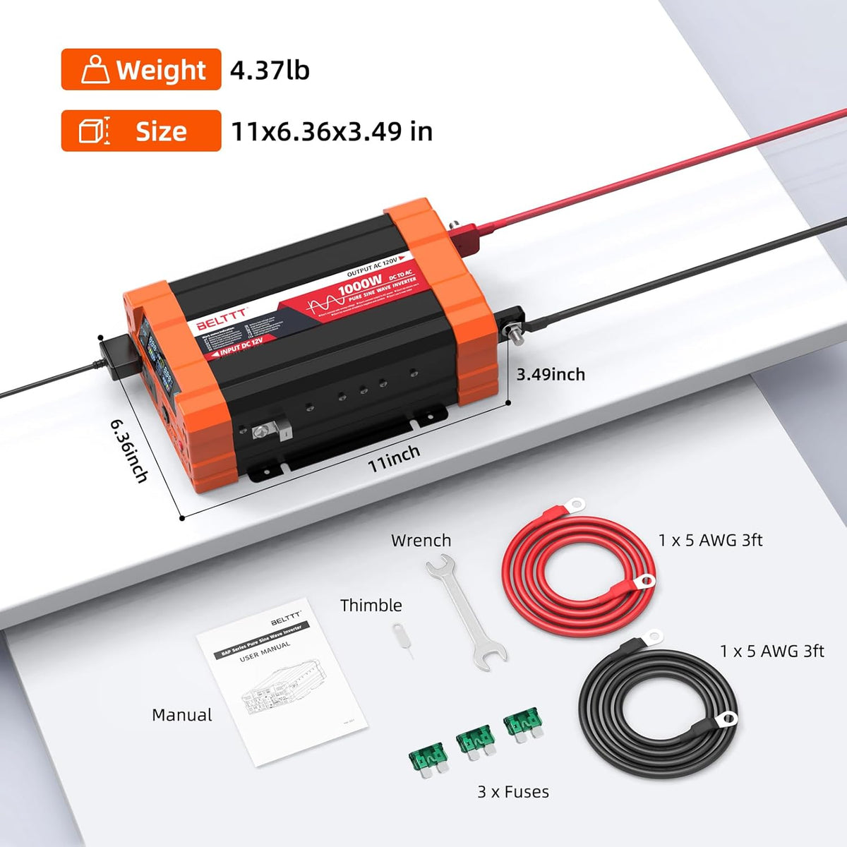 BELTTT 1000Watt Pure Sine Wave Inverter 12V DC to 120V AC for RV, Truck, Off-Grid Solar Car Power Inverter 12V to 110V Converter with Dual AC Socket and 5V 2.1A USB, Intelligent LCD, 2000W Peak