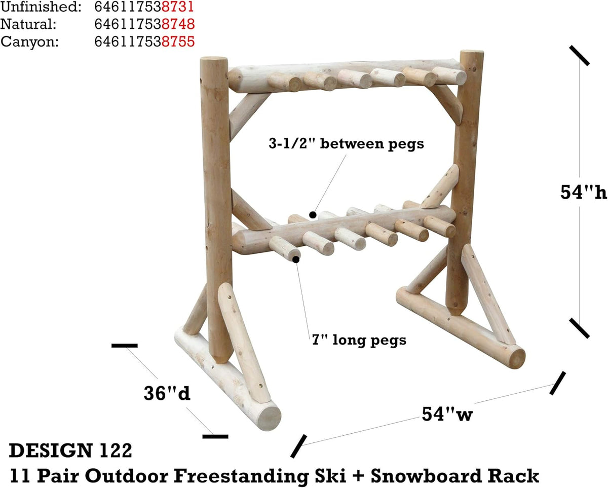 11-Place Freestanding Log Ski Rack Holder, Indoor & Outdoor Snowboard Racks, Standing Storage, Garage Racks for Snow Skis, Durable Snowboard Rack Garage Storage Organizer - Natural + 15" Anchor Kit