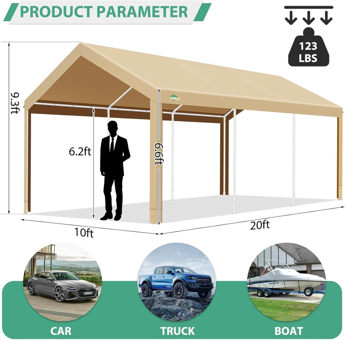 COBIZI Carport 10x20ft Heavy Duty Portable Garage, 2.0 Powder Coated Frame(Better Than Galvanized), Waterproof Shelter with Built-in Sandbags, for Car/Boat/SUV, Khaki
