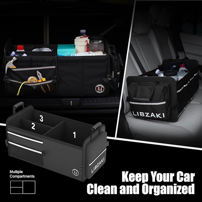LIBZAKI Car Trunk Storage Organizer, Multi Compartment Collapsible Trunk Storage Box for Car Truck SUV-Black