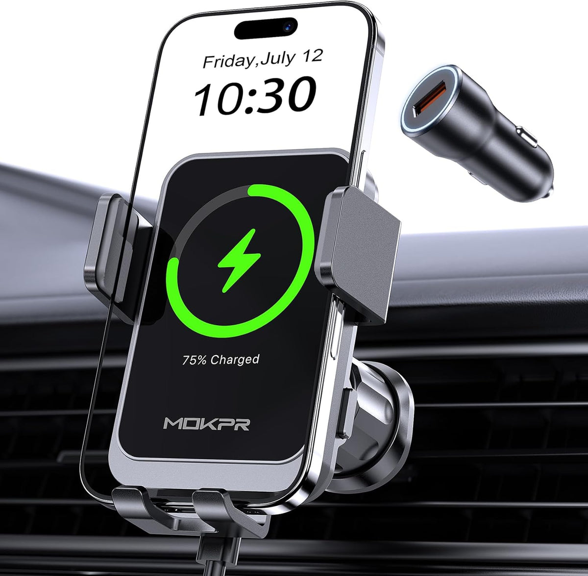 Wireless Car Charger, MOKPR 15W Fast Charging Auto Clamping Air Vent Car Phone Holder with LED Light Car Charger for iPhone 16 15/14/13/12 Pro Max Plus, Samsung S23/S22/S21,etc