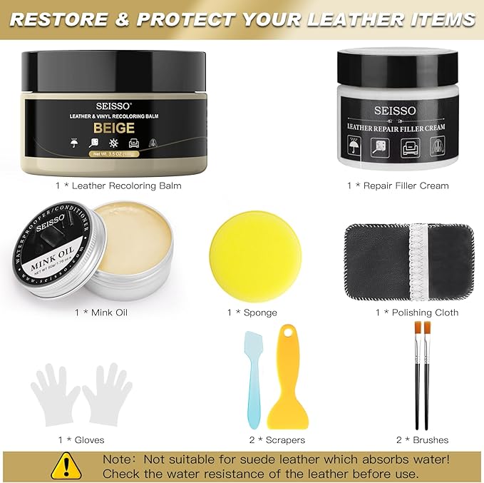 SEISSO Leather Repair Kit for Furniture, Beige Vinyl Repair Kit with Mink Oil for Couches, Color Restorer Conditioner, Leather Recoloring Balm for Scratches, Fading Shoes, Car Seat, Sofa