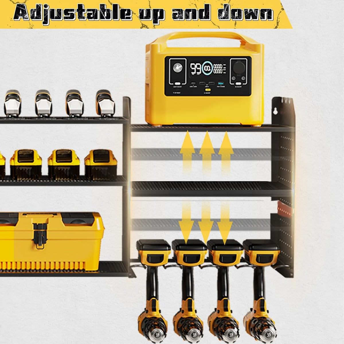 Power Tool Organizer with Charging Station Wall Mount, 3 Layer Expanded Heavy Duty Garage Organization, 45.5 Inch Length Garage Tool Storage, 8 Drills, 2 Assemble Method, Black