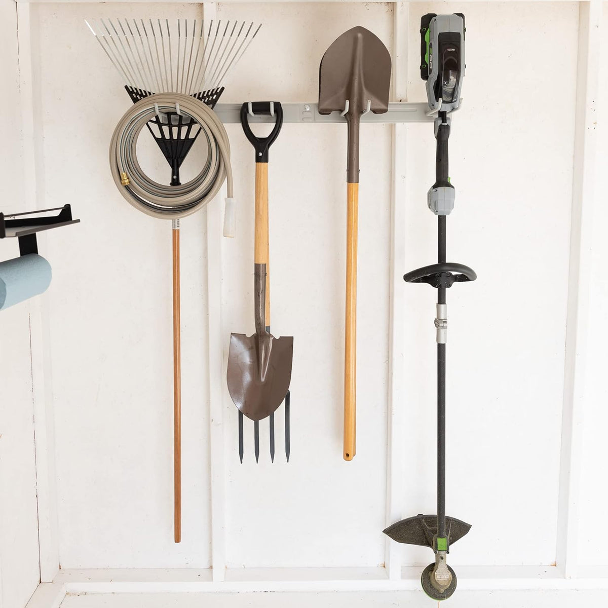 StoreYourBoard Wall-Mounted Rack With 4 Garage Hooks – Heavy-Duty Steel Holder Garage & Garden Storage for Shed, Workshop, or Home Organization – For Rakes, Shovels, Tools & More – 2 Pack, Gray