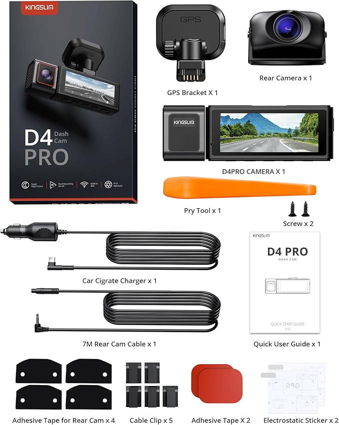 Kingslim D4PRO Dash Cam Front and Rear - 4K + 2K Dual Car Dashcam with WiFi GPS Dash Camera, Optional Inside Recording, Voice Control, Type C, Support 256GB Max