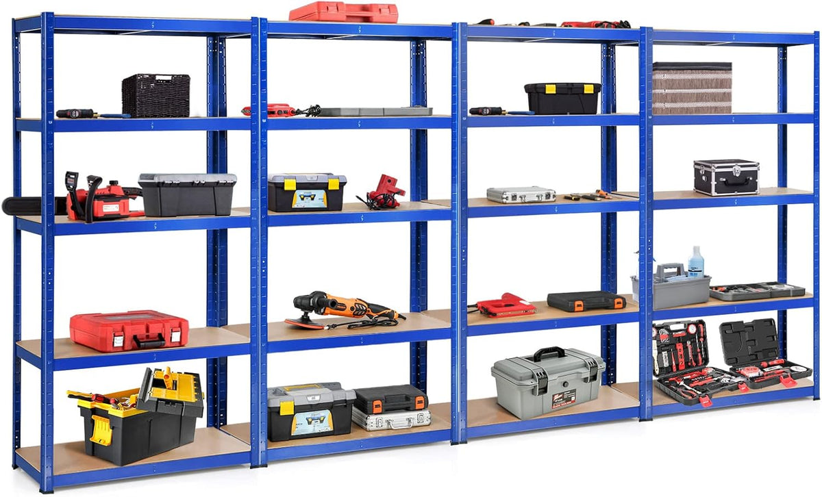 ERGOMASTER 5 Tier Utility Shelves Rack Garage Heavy Duty Steel Metal Shelving Unit with Adjustable Design, Bolt-Free Assembly & 380 LBS Wight Capacity Per Tier (Set of 4, Blue)