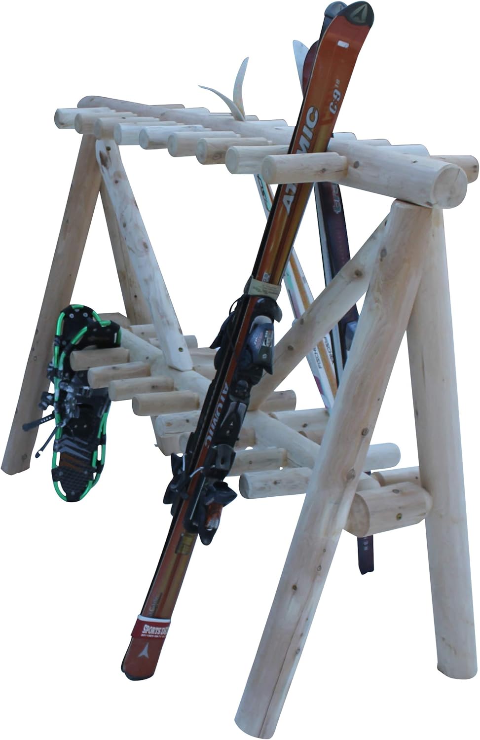 21-Place Freestanding Log Ski Rack Holder, Indoor & Outdoor Snowboard Racks, Standing Storage, Garage Racks for Snow Skis & Poles, Snowboard Rack Garage Storage Organizer - Unfinished + 15" Anchor Kit