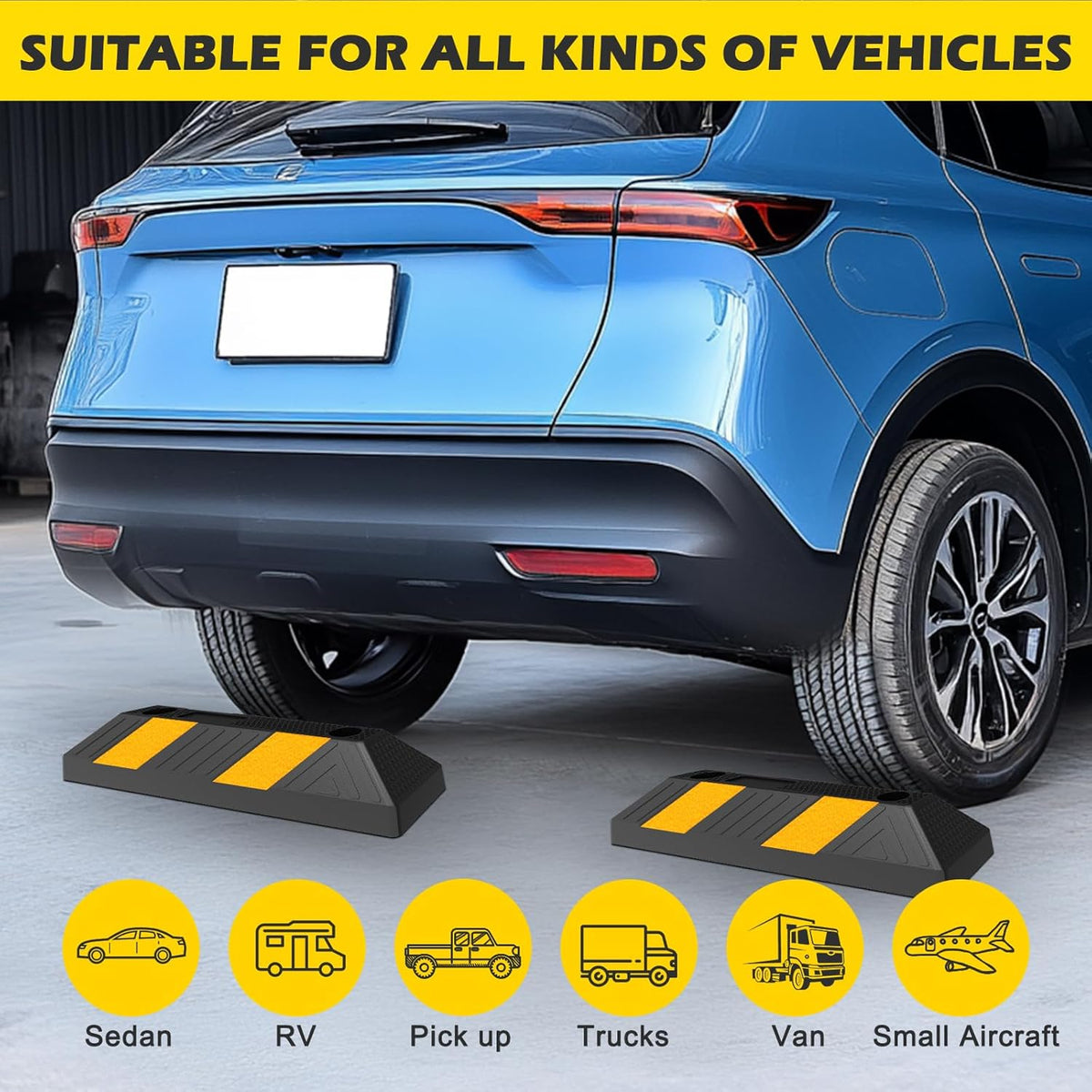 20" Rubber Parking Curb Stop, Car Stopper for Garage Parking, Heavy Duty Parking Wheel Stops for Car, Garage Bumpers with Reflective Yellow Tape for Parking Car (4 Pack)