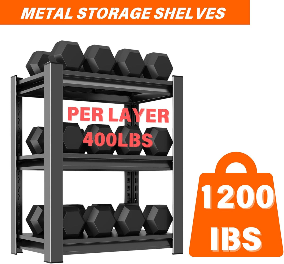 Garage Shelving Unit, 1200 lbs Load Capacity, Storage Shelves, Sturdy Steel Storage Shelf for Garage and Workshop, 32" H x 24" W x 14" D, Black