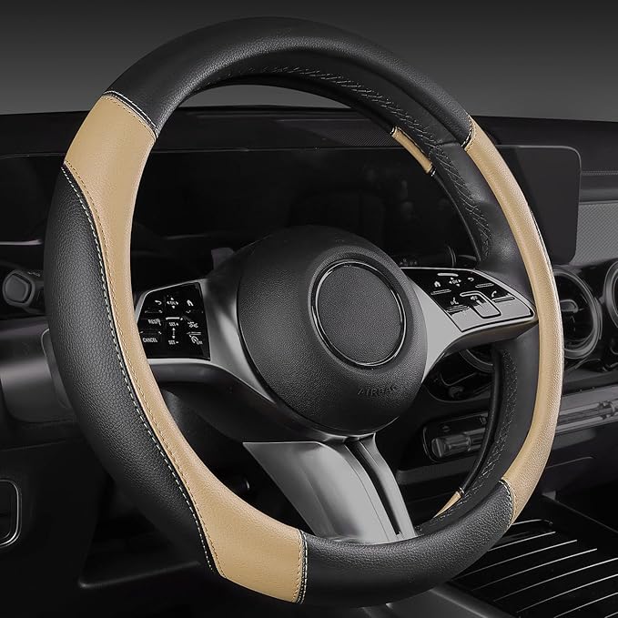 CAR PASS Faux Leather Steering Wheel Cover and Waterproof Car Floor Mats,Universal Car Combo Fit for 95% Sedan,SUV,Cars,14.5-15inch Sporty Anti-Slip Safety Comfortable Design(Black&Beige)