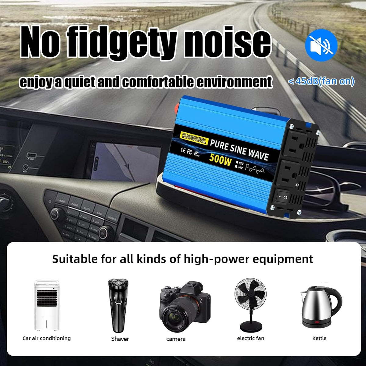 SUNWHEEL 500W 24V Pure Sine Wave Inverter, DC 24V to AC 110V/120V Car Power Inverter, Peak Power 1000W Car Plug Adapter Outlet Converter with Dual AC Sockets and LCD Display