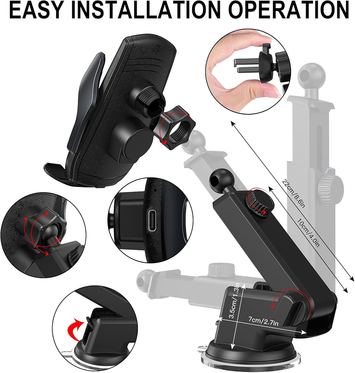 Wireless Car Charger Mount, 15W Qi Fast Charging Auto-Clamping Cell Phone Car Holder Air Vent Windshield Dashboard Long Arm Suction Cup Car Phone Mount for iPhone13 /12/11 Samsung S20/S10/S9/S8 LG