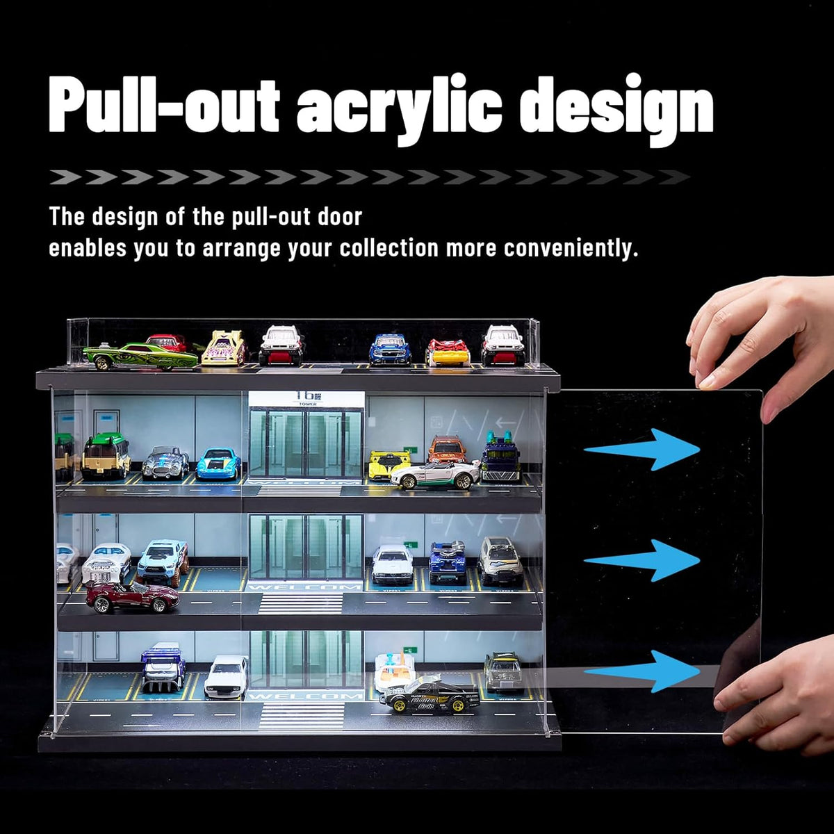 Display Case for Hot Wheels Garage & Matchbox Cars with LED Light, 1/64 Scale Diecast Toy Cars Garage, Storage Case for Hot Wheels, Parking Garage Diorama with 4 Levels Maximum 58 Cars