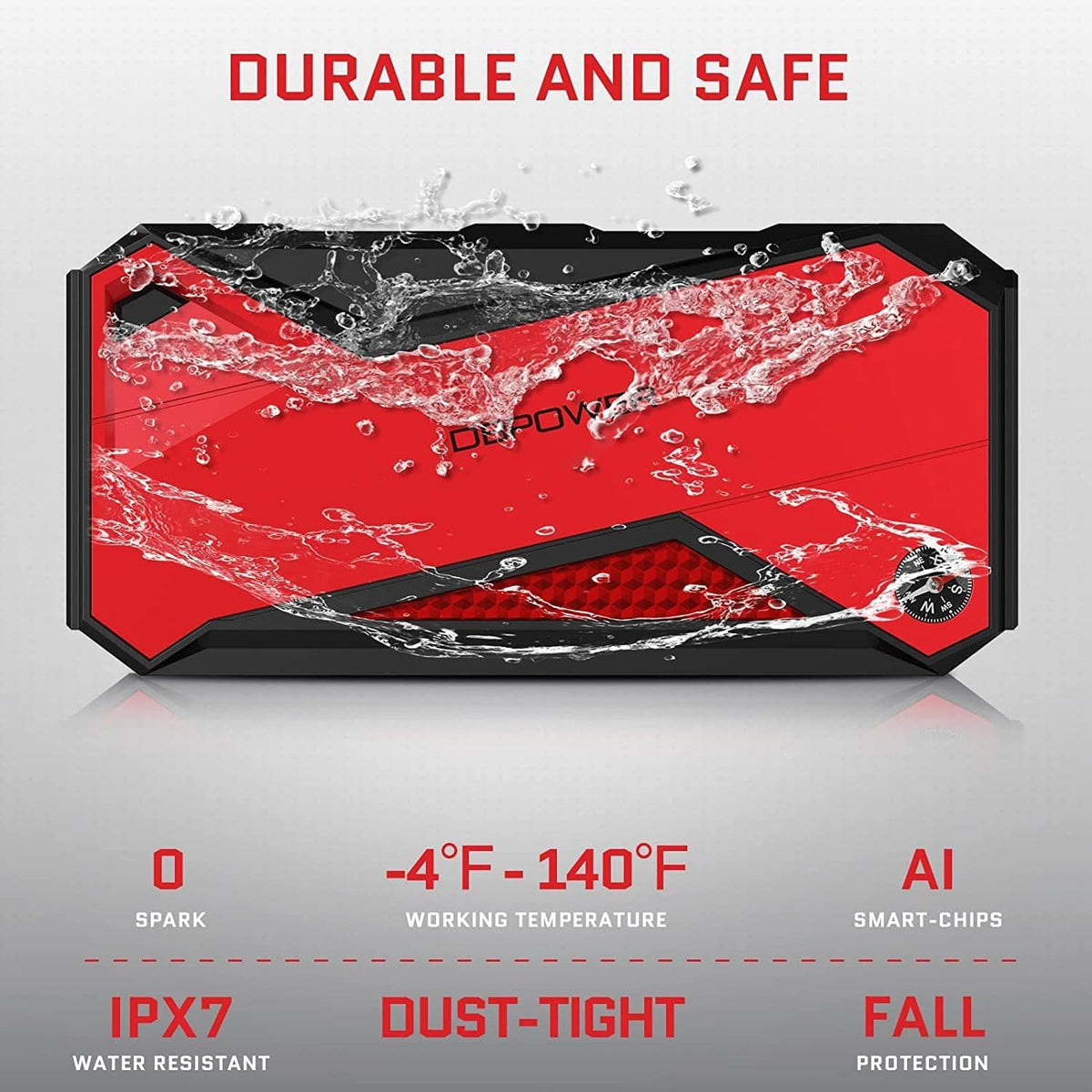 DBPOWER Peak 1600A 18000mAh Portable Car Jump Starter(up to 7.2 Gas, 5.5L Diesel Engines) Battery Booster with Smart Charging Port, LCD Display, Intelligent Jumper Clamps, Compass and LED Light