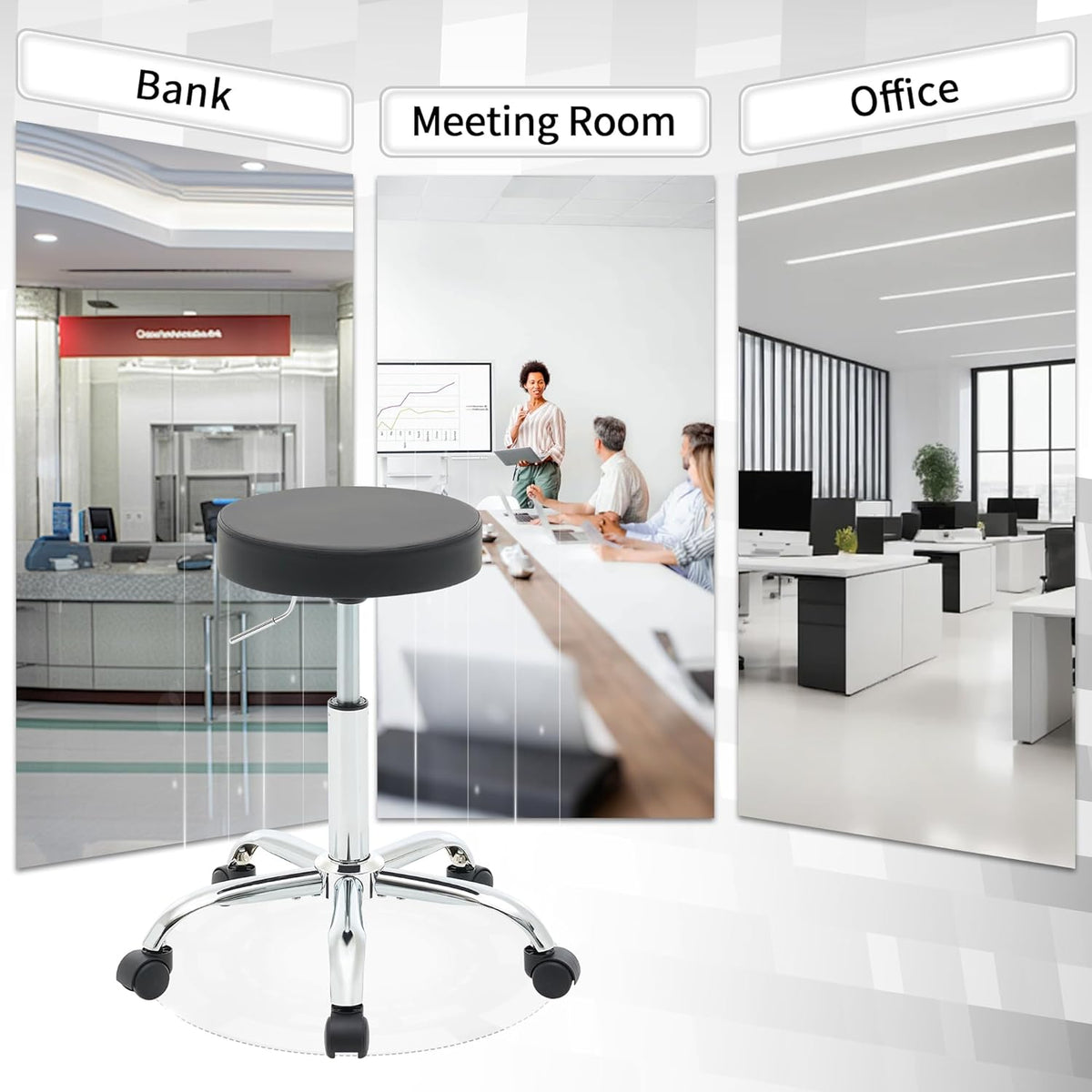Rolling Office Stools, Adjustable Drafting Stool on Wheels 19.5’’-26.6’’, Black Ergonomic Office Chair (Black)
