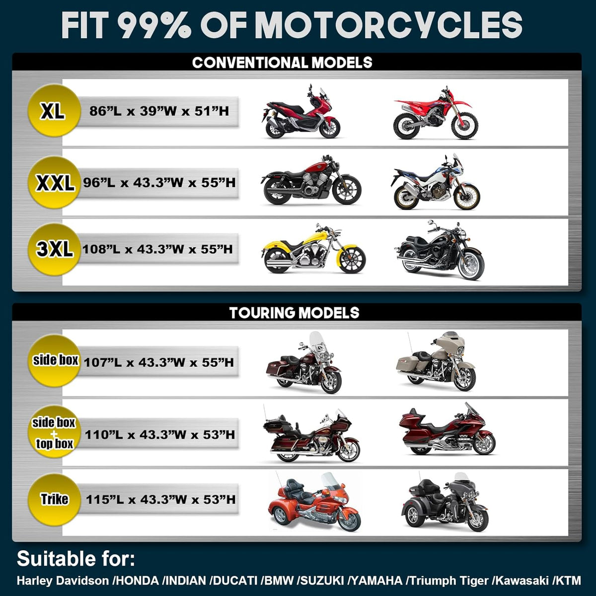 Rosefray Motorcycle Cover with Side+Top Box Heavy Duty 600D Waterproof for Touring Models Harley Davidson Ultra Limited,Road Glide Limited, Gold Wing,Road Master,Indoor & Outdoor Storage Gray