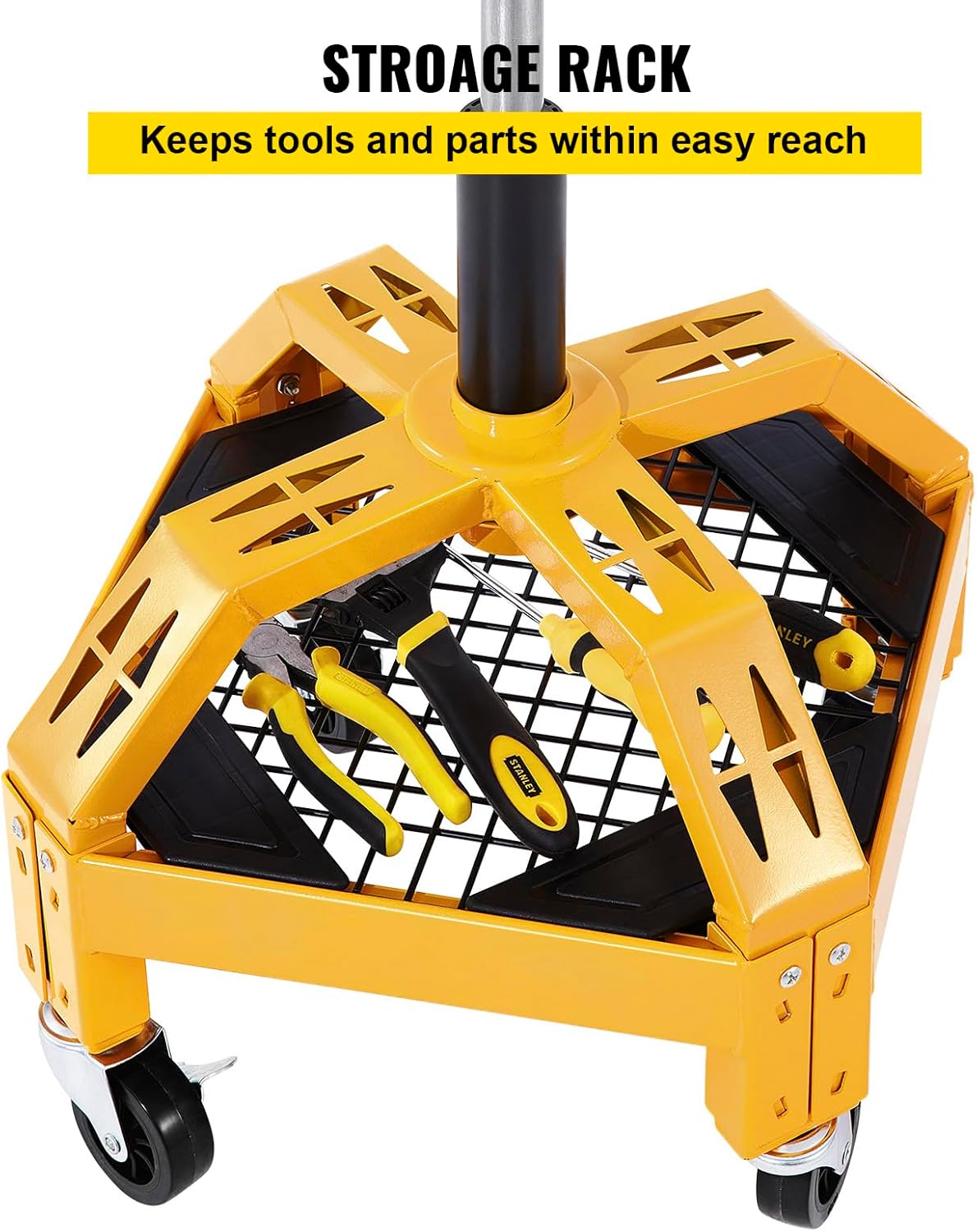 VEVOR Rolling Garage Stool, 300LBS Capacity, Adjustable Height from 24 in to 28.7 in, Mechanic Seat with 360-degree Swivel Wheels and Tool Tray, for Workshop, Auto Repair Shop, Yellow