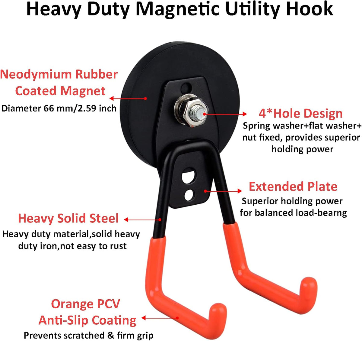 ULIBERMAGNET Heavy Duty Magnetic Garage Hooks,Strong Large Magnet Hooks for Power Drill,Garden Tools,Hose,Pegboard,Garage,Workshop,2 Pack Magnetic Storage Holder for Indoor Outdoor Hanging(Orange)