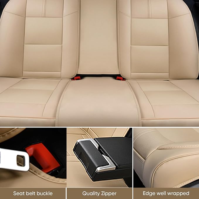 Auto Car Seat Covers Accessories Full Set Leather Cushion Protector Breathable Waterproof Seat Cover for Cars Universal Fit (Beige, Front Pair and Rear)