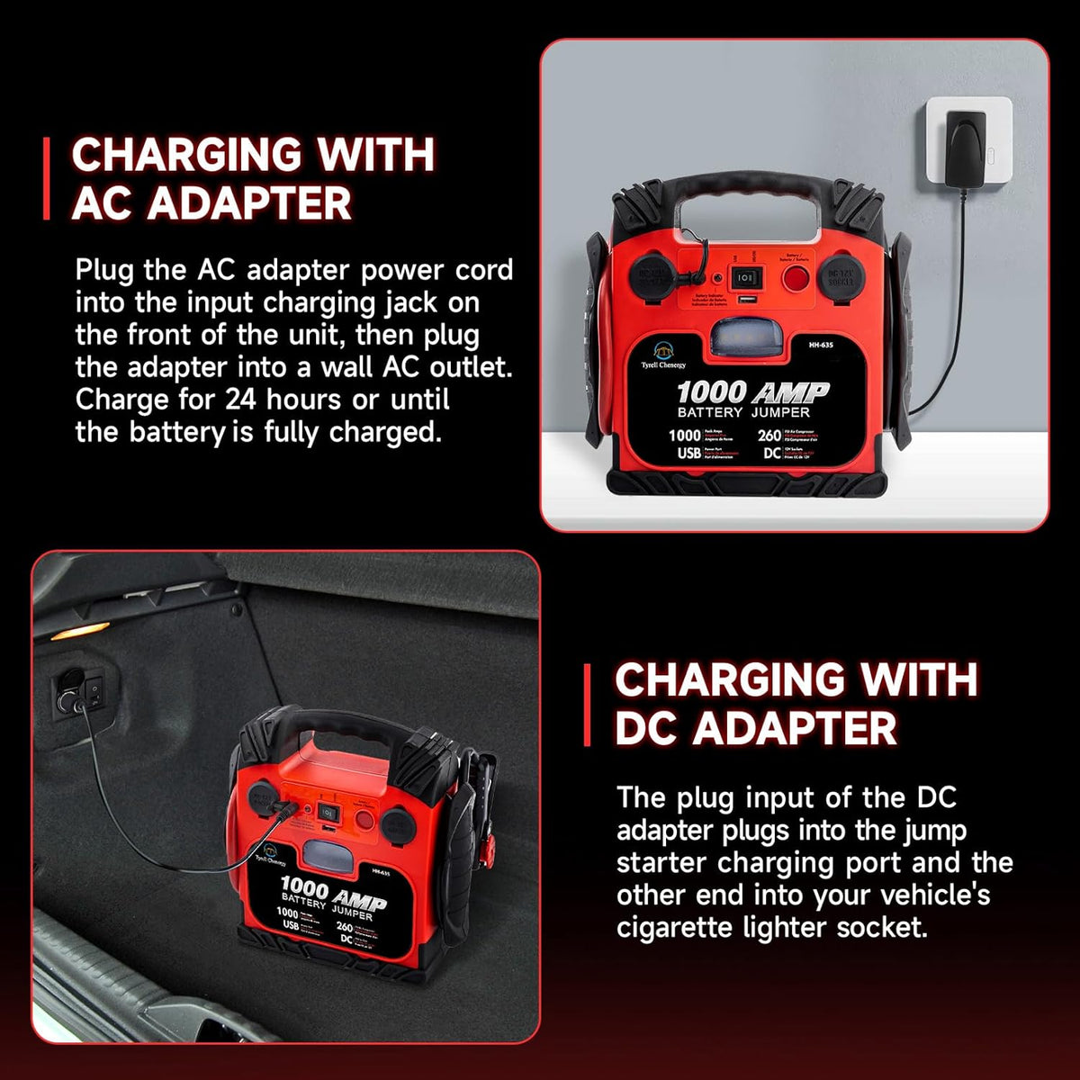 Car Battery Jump Starter with Air Compressor Portable Tire Inflator,260PSI 1000Amp Battery Booster Jumper Box(Up to 5L Gas or 5L Diesel) Power Station 12V DC Outlet USB Port,LED Light