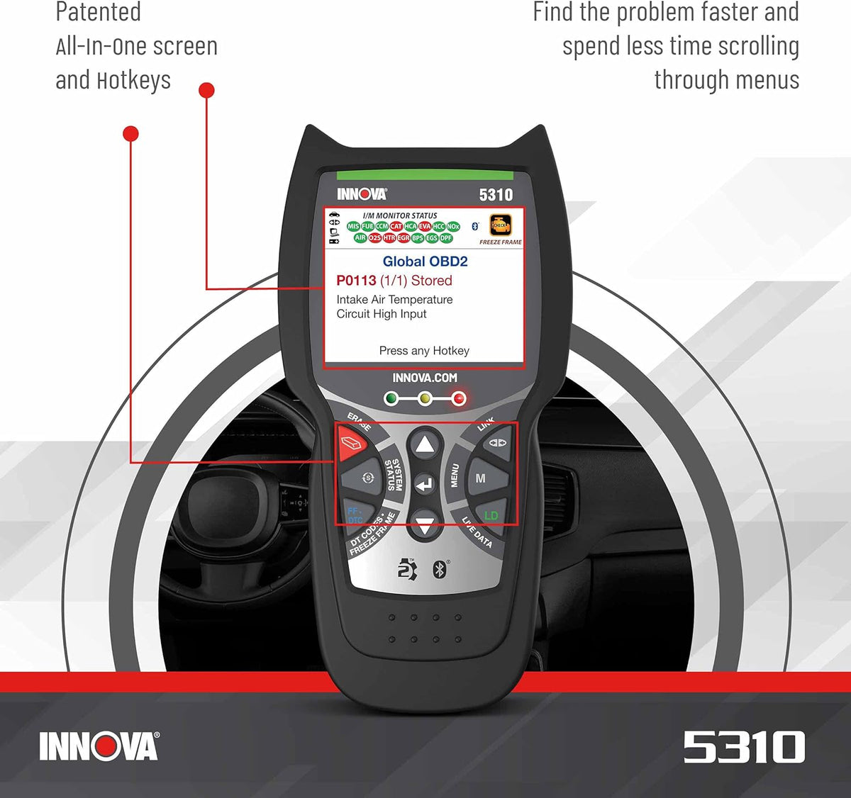 Innova 5310 OBD2 Scanner for ABS & Airbag (SRS) with Battery/Alt Test, Oil Light Reset, Live Data for 1996-2023 Vehicles, Accurate, Reliable, Easy to Use, iPhone & Android App Included