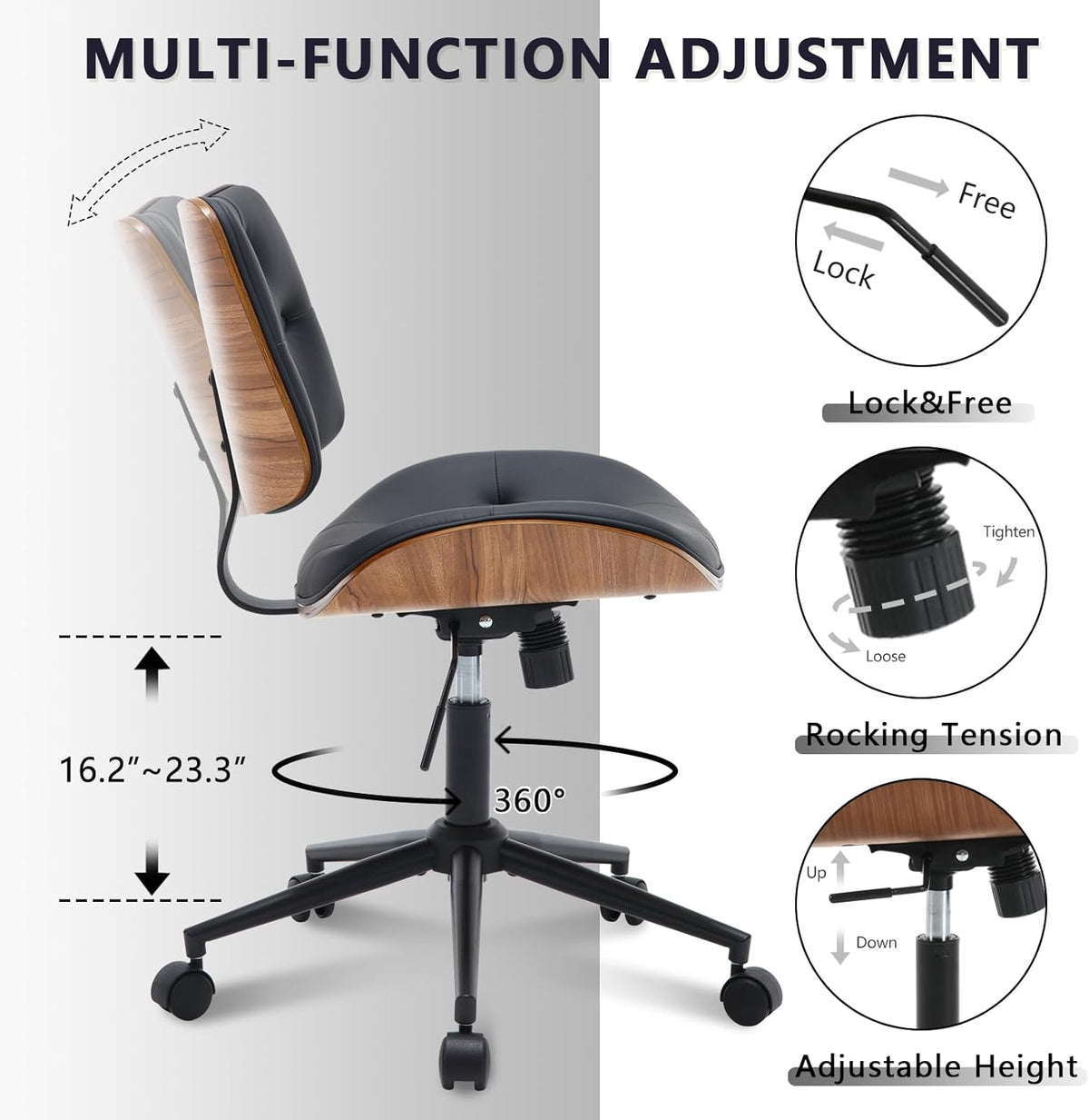 Armless Home Office Chair with Wheels, PU Leather Adjustable Height Computer Desk Chair, 360 Swivel Small No Arms Chair, Modern Button Walnut Style for Office, Reading Meeting Room(Black)