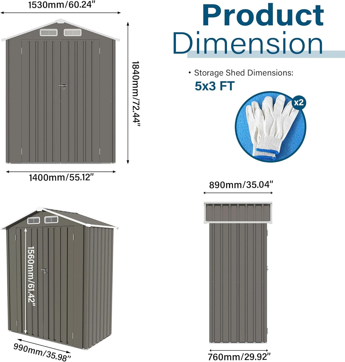 IKERY 5X3 FT Metal Outdoor Storage Shed, Tool Shed with Pitched RoofWaterproof, Lockable DoorCompact Metal Tool Shed for Garden, Backyard, Patio, Everyday Sundries and Bike Storage, Gray