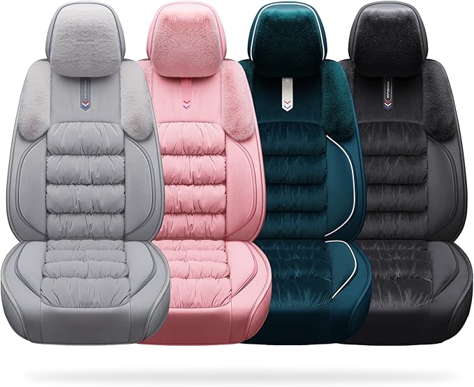 AOOG Fuzzy Car Seat Covers, Heated Bench Back Cushion Protector for Cars SUV Trucks(Full Set,Grey)