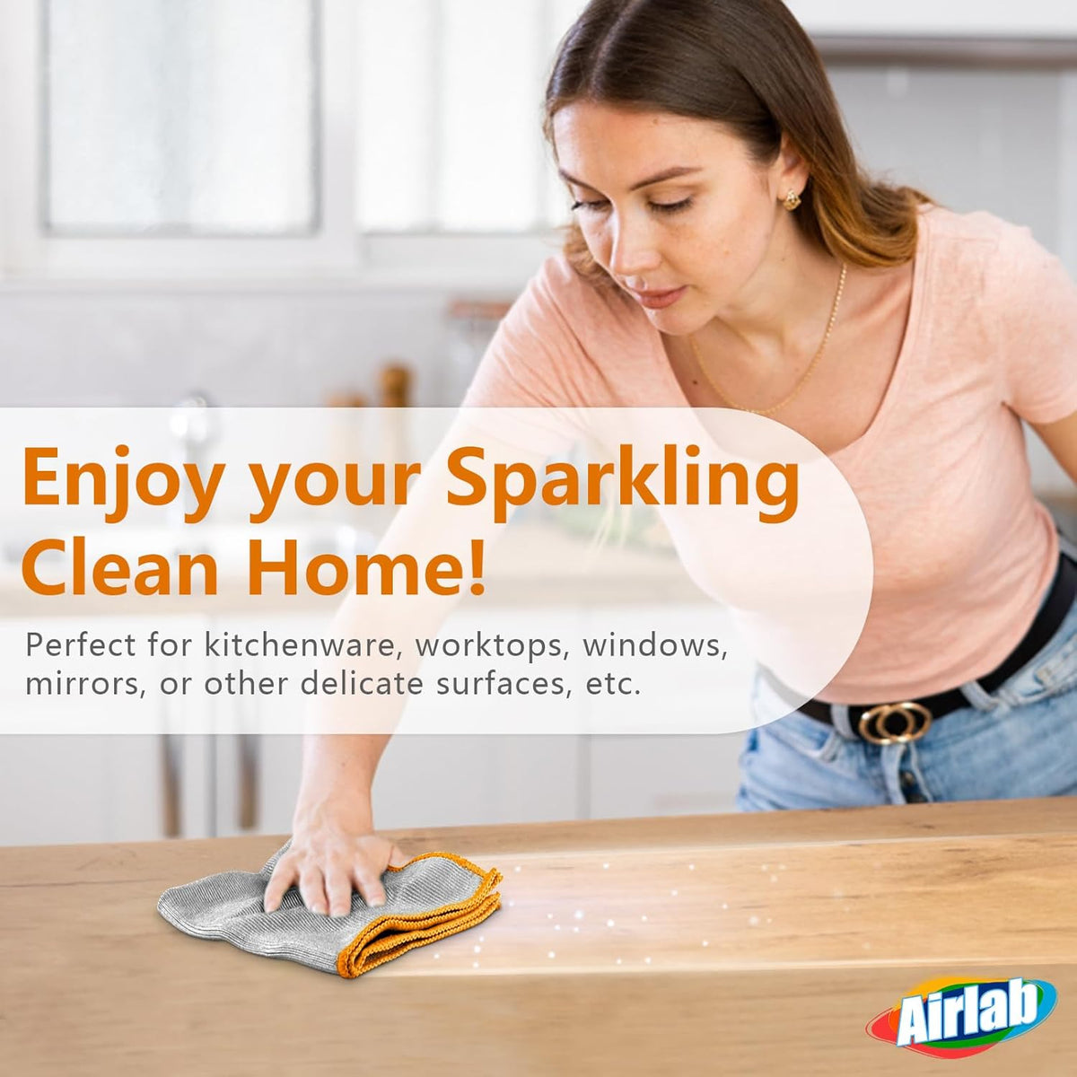 Glass Polishing Cloth Streak Free Miracle Microfiber Cleaning Cloth Lint Free Cleaning Rags for Glasses Kitchen Dish Mirrors Easy Clean, Pack of 6, 12" x 12", Sliver-Orange