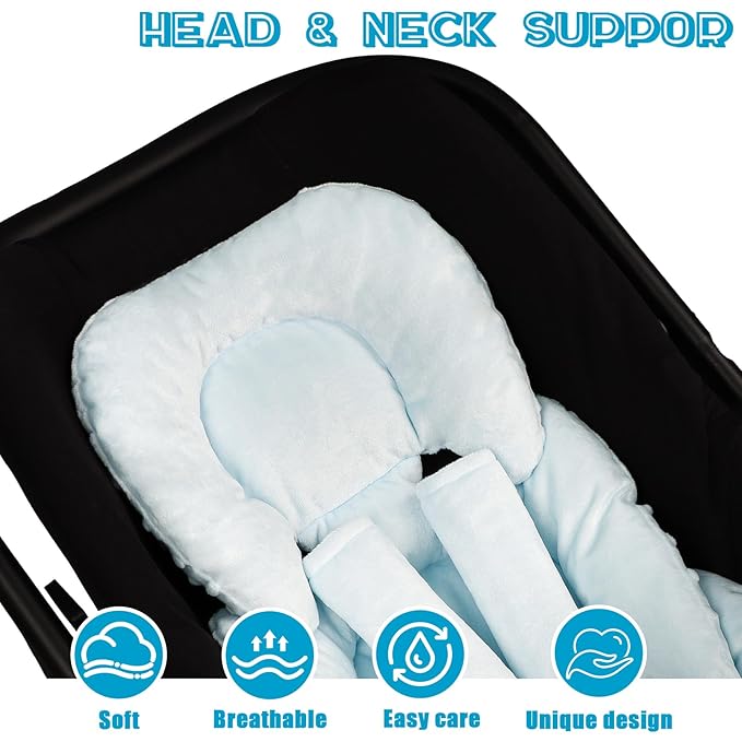 GFU Infant Car Seat Insert Head and Body Support, Reversible Newborn Insert for Carseat with Strap Pads, Soft Stroller Cushion Pillow Insert for Boys and Girls, Fits for Stroller, Swing, Lightblue