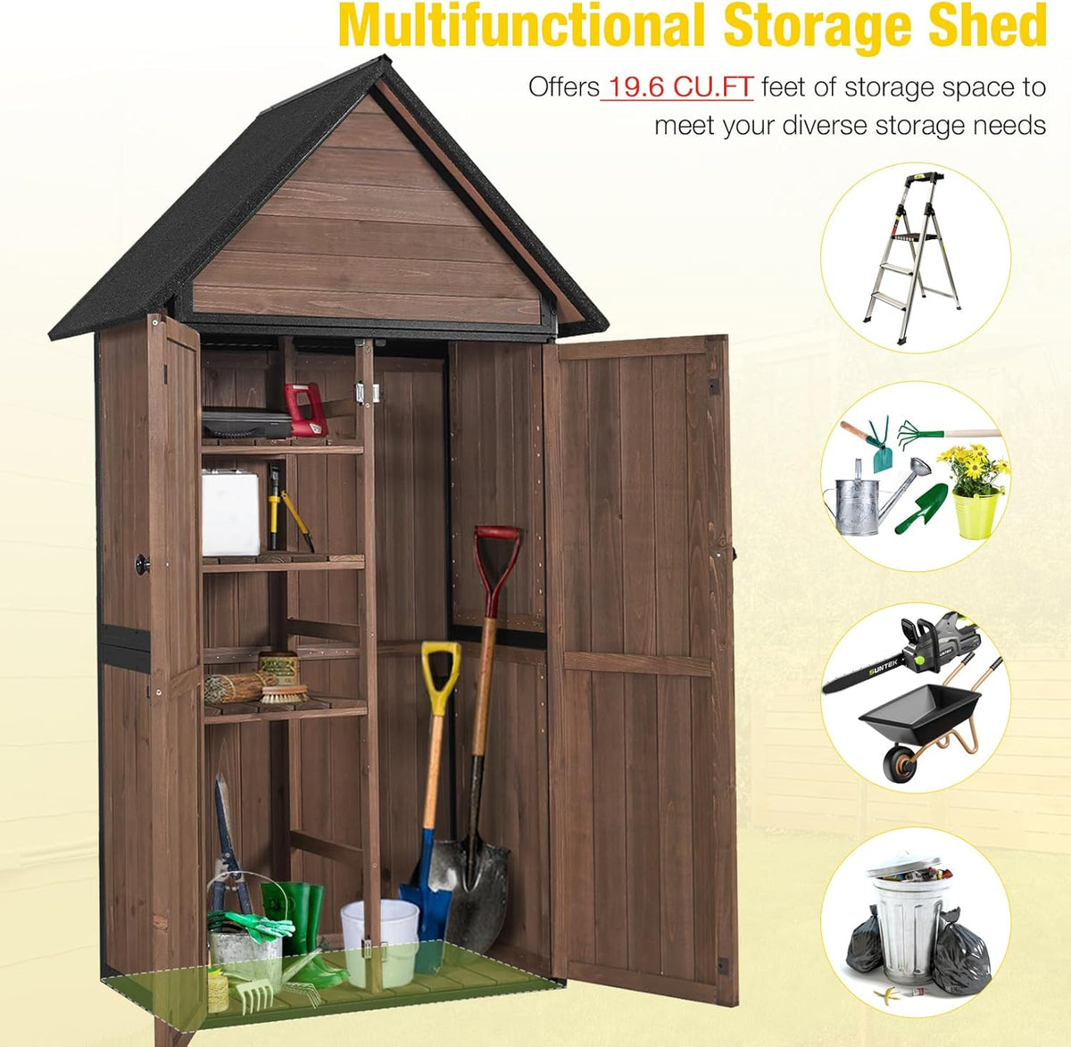 Outdoor Storage Shed,Vertical Wooden Tool Shed with Waterproof Roof,Adjustable 3 Tiers Shelves,Storage Tool Cabinet Box with Metal Frame Sloped Roof for Backyard Garden Patio Lawn (Dark Brown)
