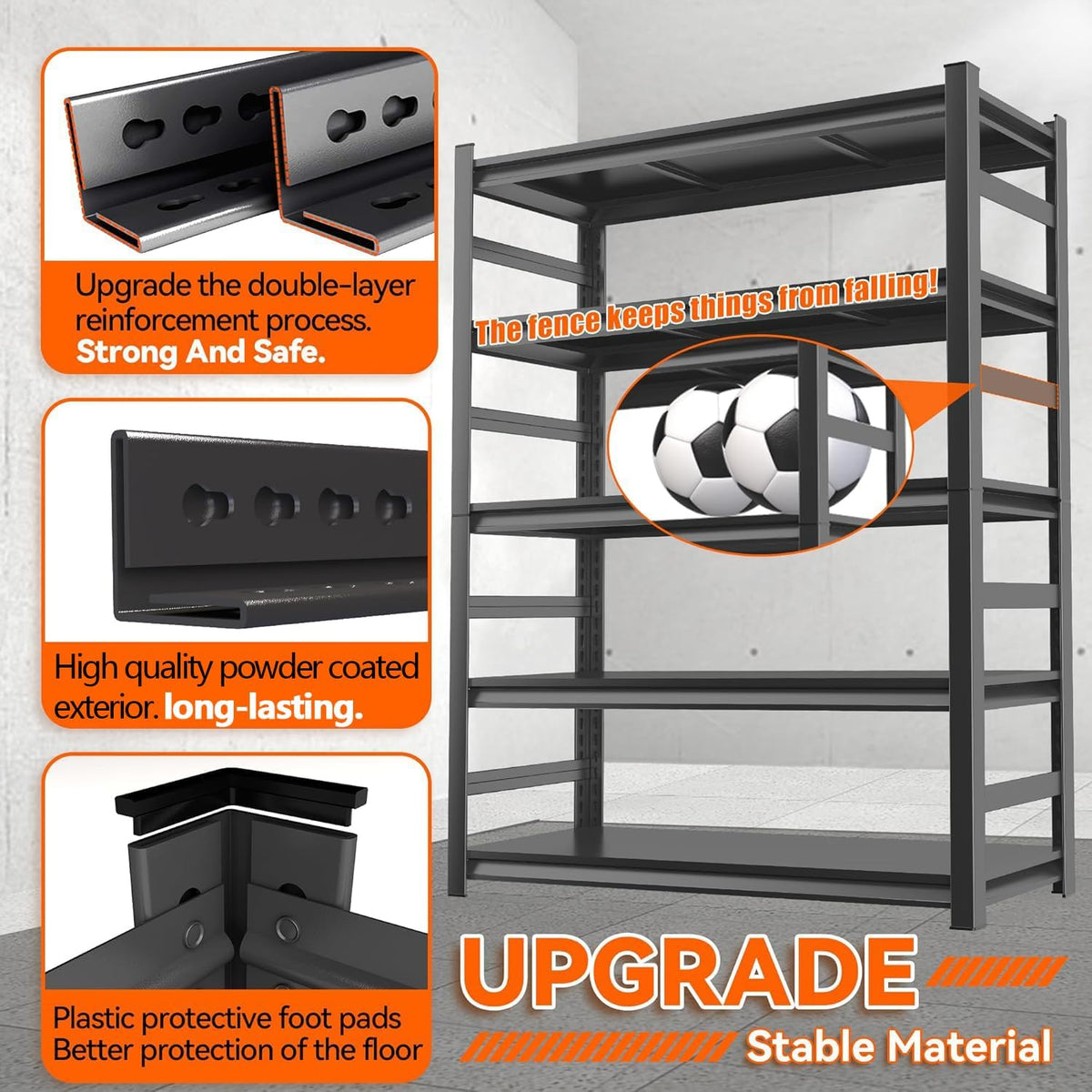 Adjustable Heavy Duty Metal Garage Shelving Unit with Fence, 5-Tier Storage Rack for Garage, Basement, or Warehouse, Durable Steel Shelves for Tools & Equipment, 63" H x 32" W x 16" D, Black
