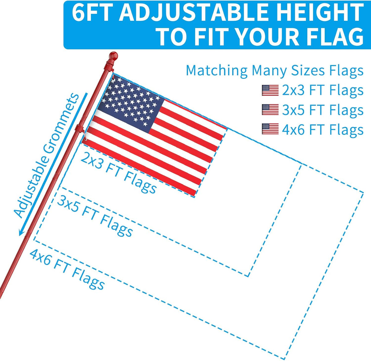 ZMTECH Flag Pole - Upgraded Bracket, 6 FT Stainless Steel Flag Poles for Outside House, Residential or Commerical, Tangle Free Flag Pole Kit for American Flag (Without Flag, Red)