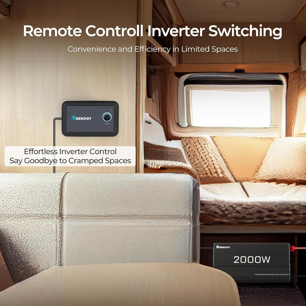 Renogy Inverter P2 2000W Pure Sine Wave Inverter 12V DC to 110V AC Converter, Off-Grid Solar Power Inverters for Vehicles, Truck, RV, Home, with Built-in 5V/2.1A USB / Hardwire Port, Remote Controller