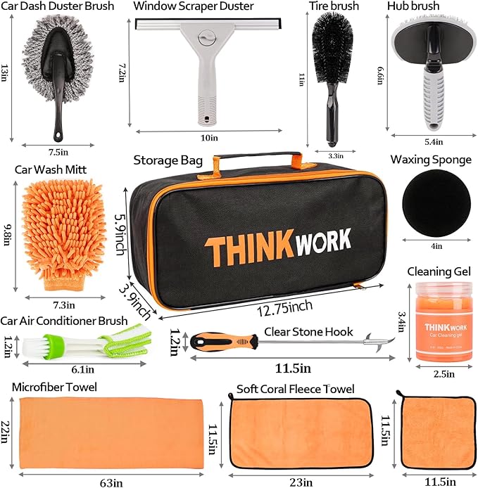 THINKWORK Car Cleaning Kit, Car Washing Kits for Vehicles, Car Detailing Kit Suitable for Small and Medium Vehicles Such As Cars, Trucks, Suvs(17pcs)