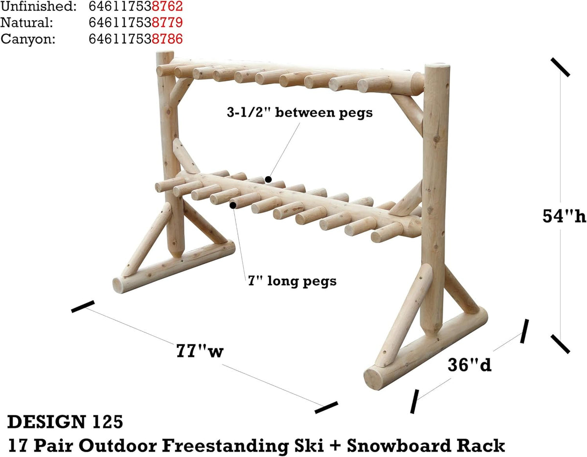 17-Pair Freestanding Skis + Snowboard Log Rack, Standing Shorter Ski Storage Racks, Snowboard Sports Organizer, Ski Poles Garage Sports Equipment Organizer, Rack for Snowboards - Unfinished