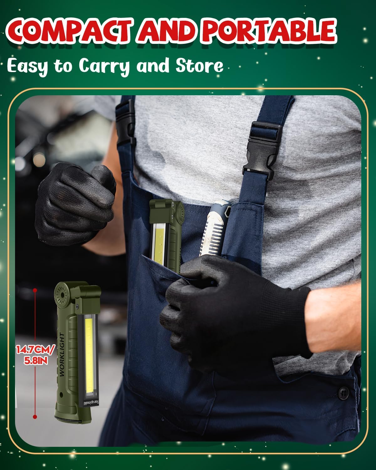 Coquimbo Tool Gifts for Men Him, Rechargeable LED Work Light Grill Light with Magnetic Base and Hook 5 Modes 360° Rotate Mechanic Light Birthday Gifts for Dad Husband Men (2 Pack Green)