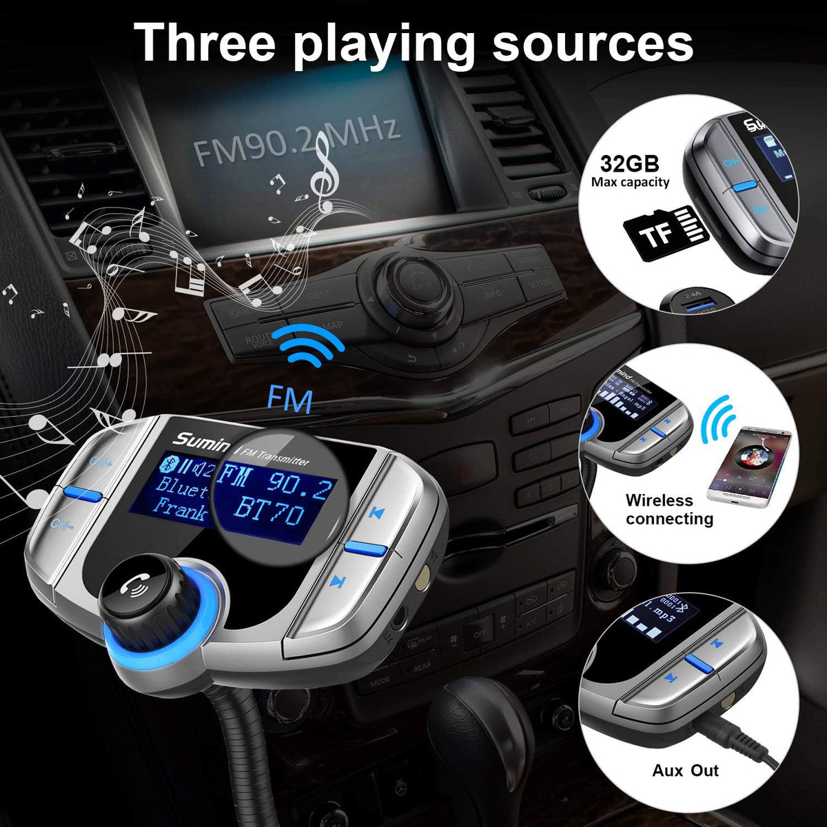 Upgraded Bluetooth FM Transmitter, Wireless Radio Adapter Hands Free Car Kit with 1.7'' Display, QC3.0 and Smart 2.4Amp Dual USB Ports, AUX Input/Output, TF Card Mp3 Player (Normal, Sliver Grey)